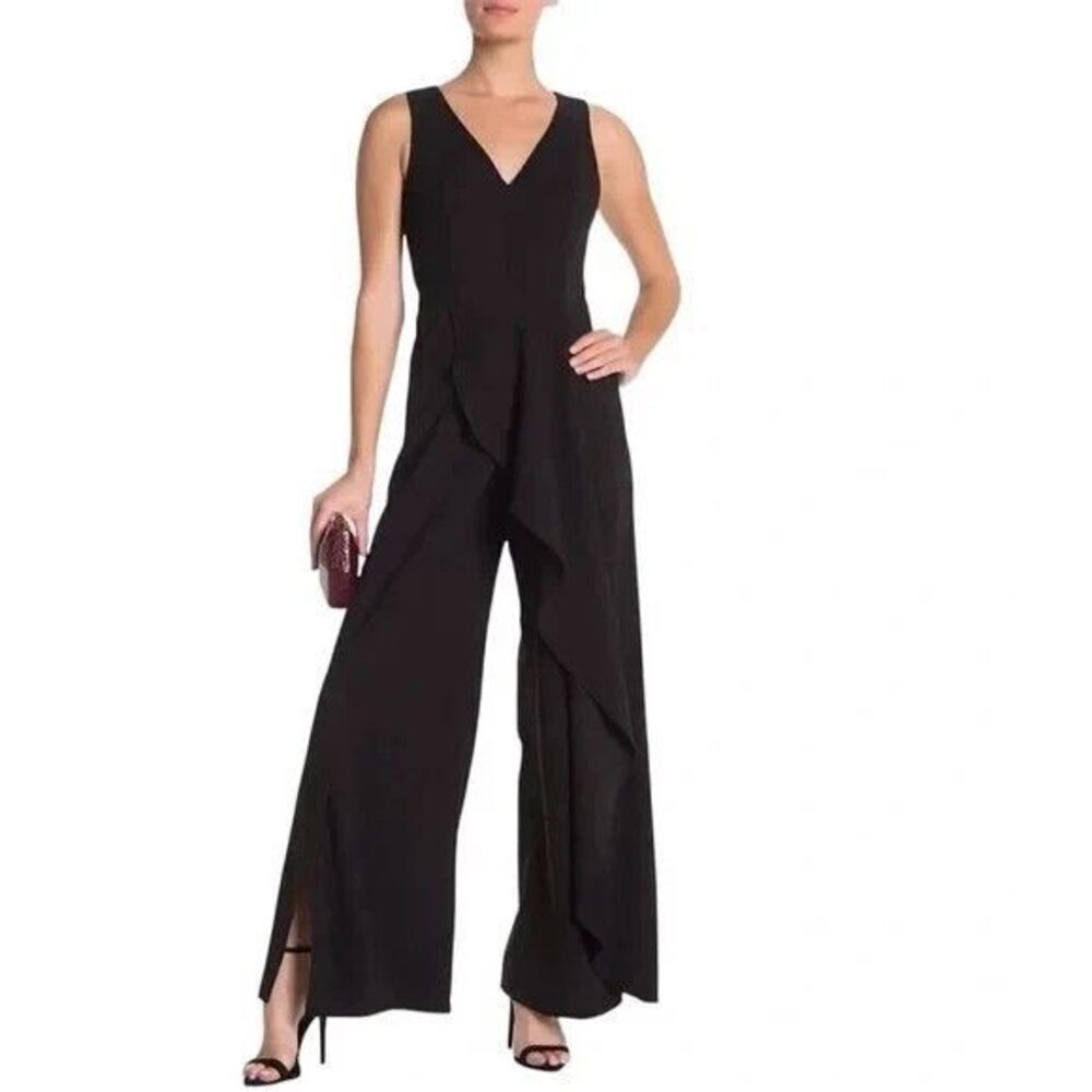 Marina Womens Jumpsuit Size 6 Black Ruffle Wide Leg Sleeveless V Neck Crepe New